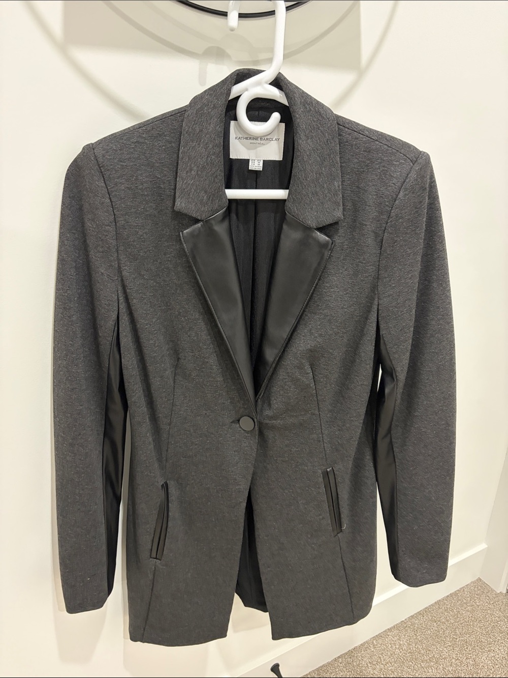 Katherine Barclay Dark Gray Blazer with Black Faux Leather Trim